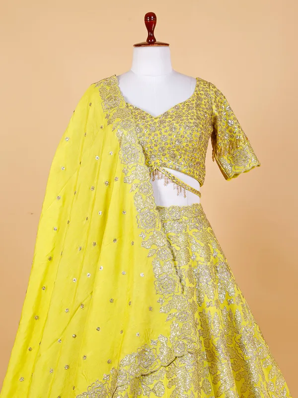 Lime yellow raw silk lehenga choli