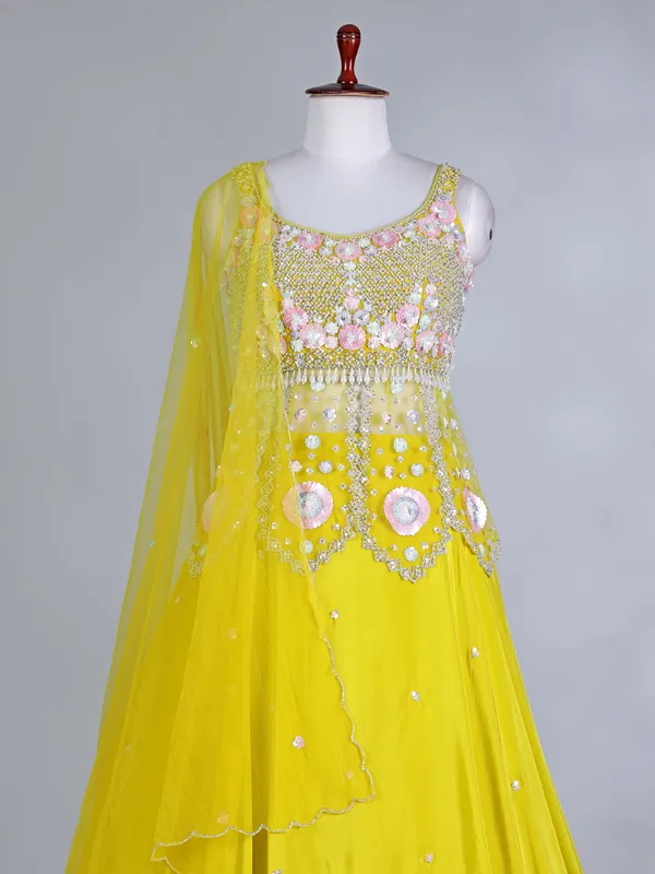 Lime yellow silk haldi lehenga choli with dupatta