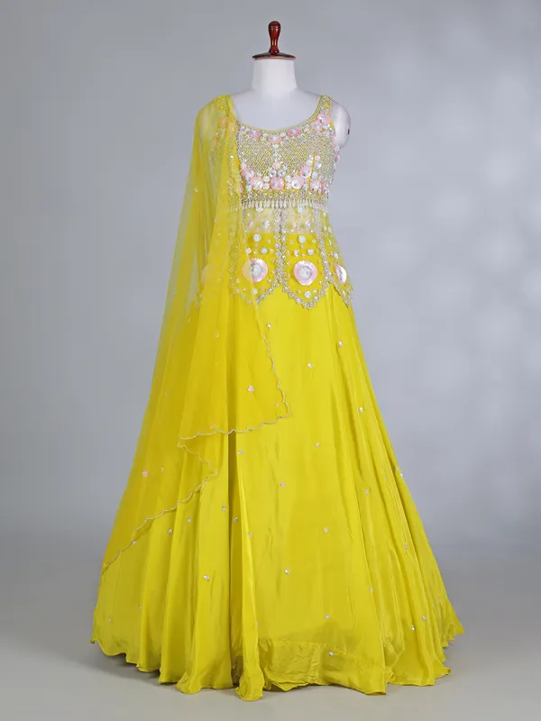 Lime yellow silk haldi lehenga choli with dupatta