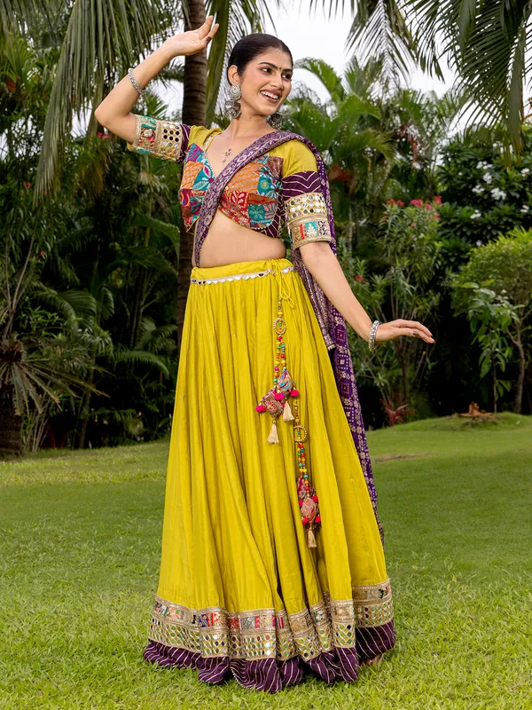 Lime yellow silk lehenga choli for navratri
