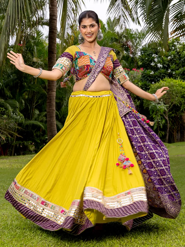 Lime yellow silk lehenga choli for navratri