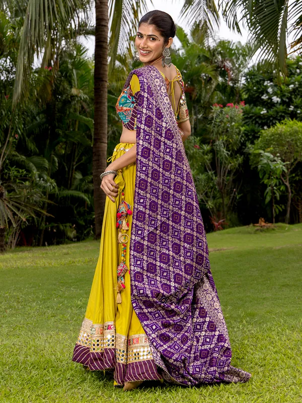 Lime yellow silk lehenga choli for navratri