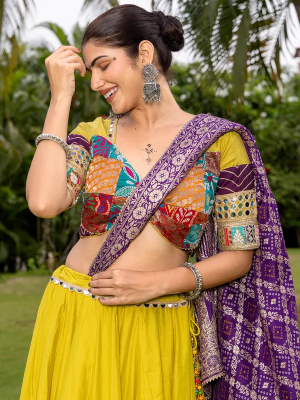 Lime yellow silk lehenga choli for navratri