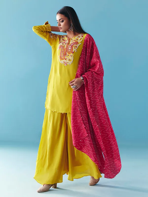 Lime yellow silk pakistani palazzo suit with dupatta