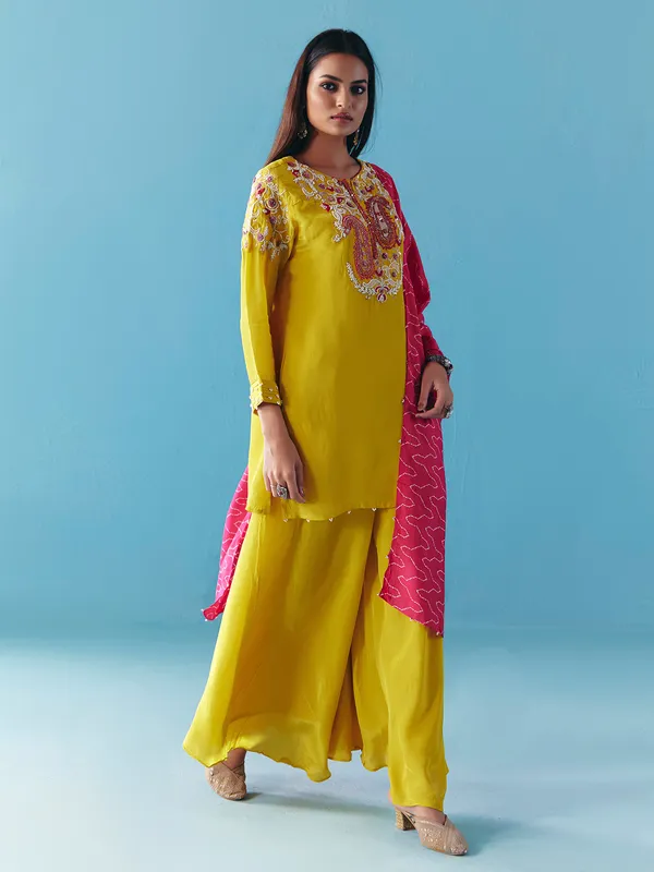 Lime yellow silk pakistani palazzo suit with dupatta