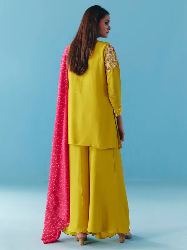 Lime yellow silk pakistani palazzo suit with dupatta