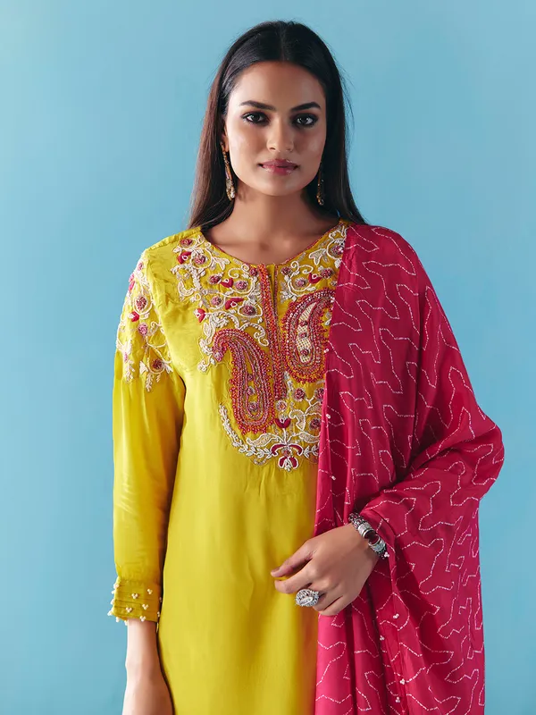 Lime yellow silk pakistani palazzo suit with dupatta
