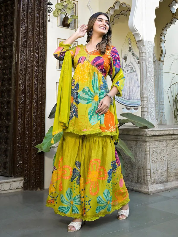 Lime yellow silk printed sharara set
