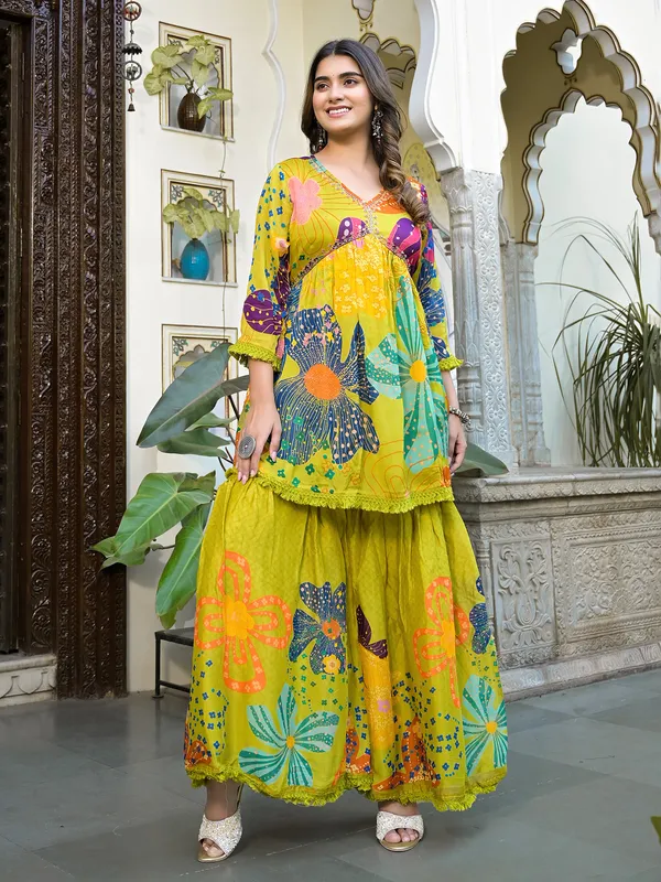 Lime yellow silk printed sharara set