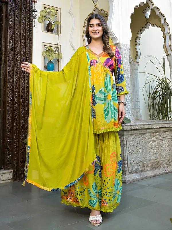 Lime yellow silk printed sharara set