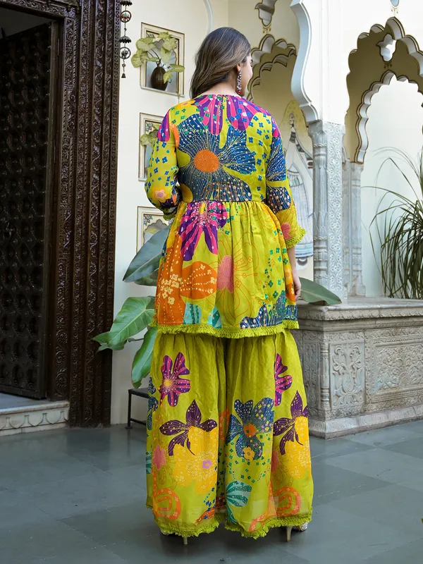 Lime yellow silk printed sharara set