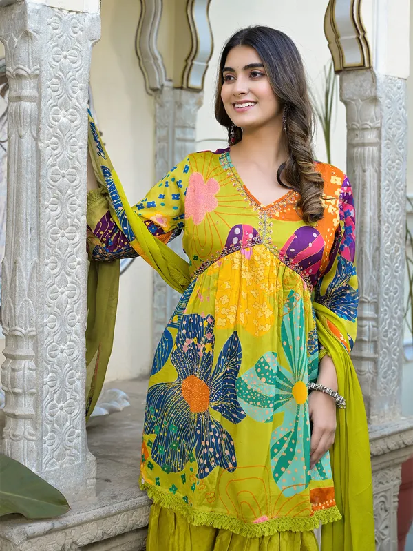 Lime yellow silk printed sharara set