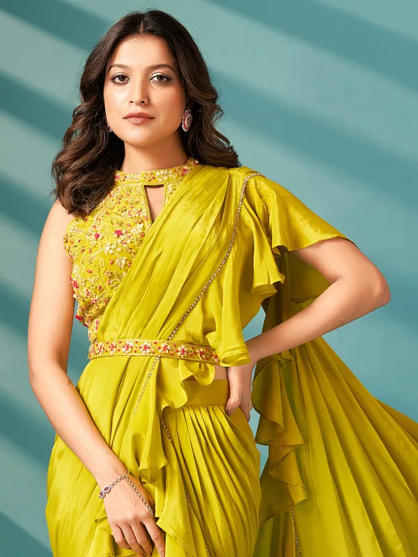 Lime yellow silk ruffle saree