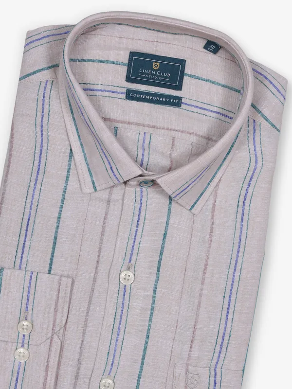 LINEN CLUB beige linen formal shirt with stripe