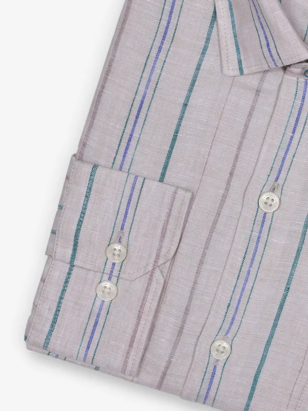 LINEN CLUB beige linen formal shirt with stripe