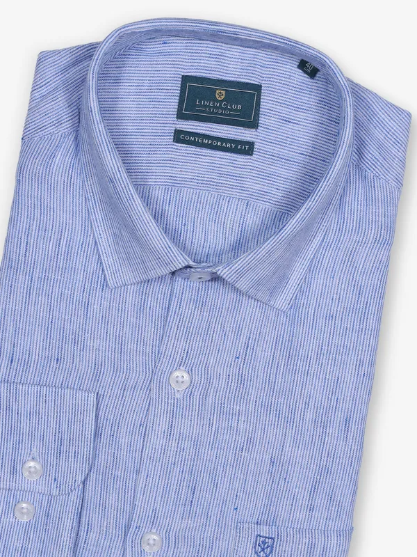 LINEN CLUB blue linen formal shirt with stripe