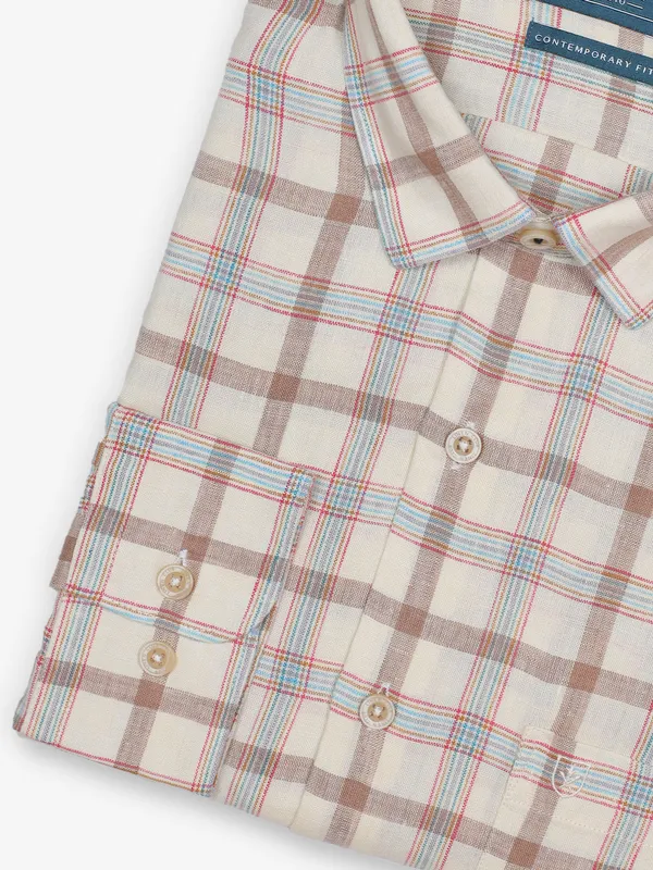 LINEN CLUB cream checks shirt