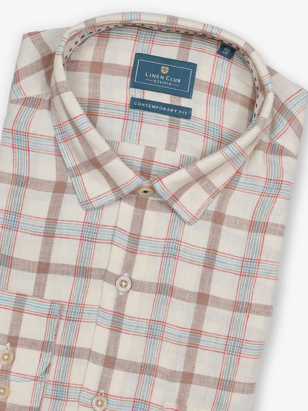 LINEN CLUB cream checks shirt