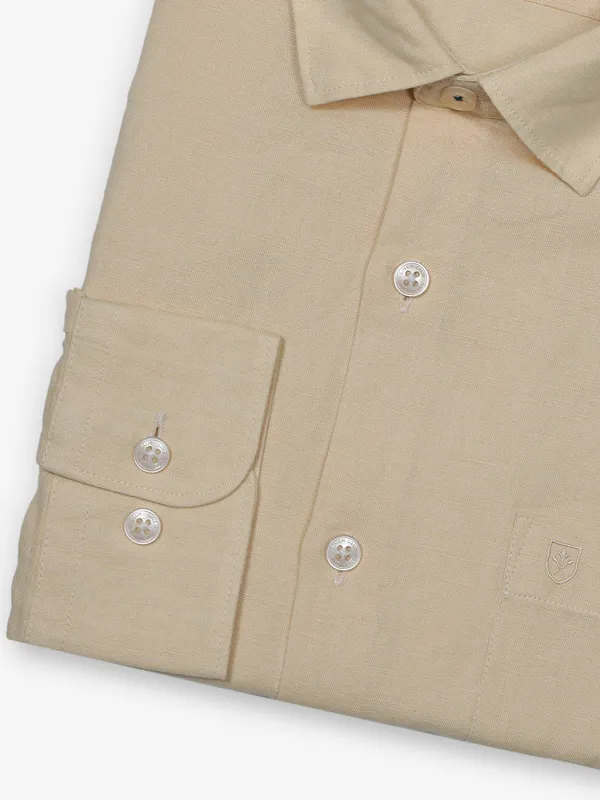 LINEN CLUB cream plain cotton shirt
