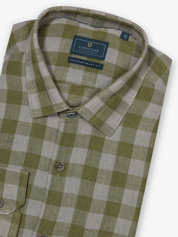 LINEN CLUB olive checks cotton shirt for men