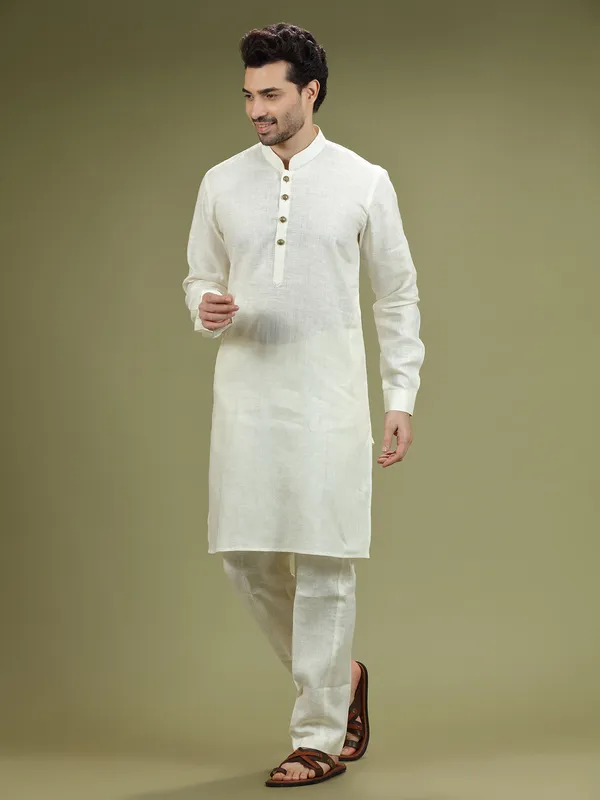 Linen off white kurta suit