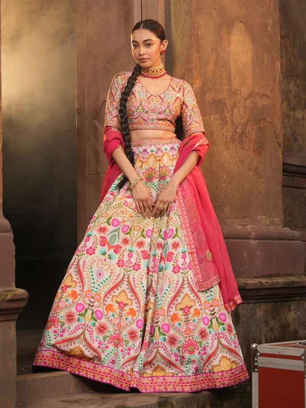 Linen satin off white lehenga choli