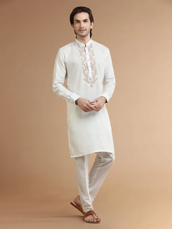 Linen white festive kurta suit