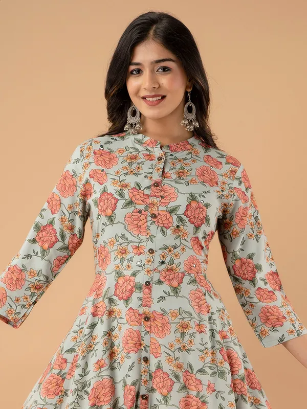 Long cotton printed grey kurti