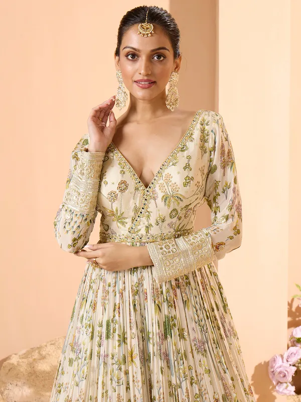 Long cut cream silk anarkali suit for women