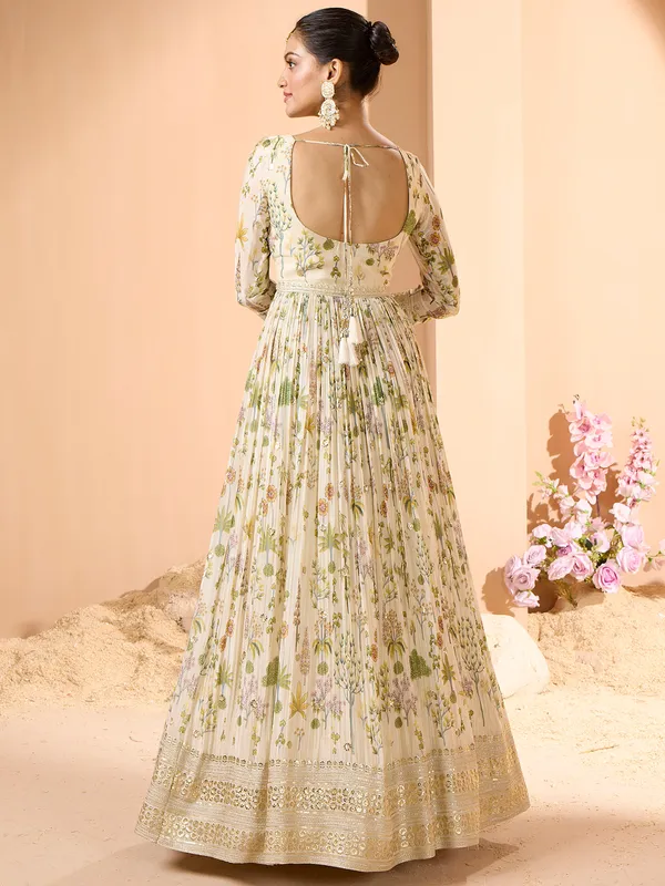 Long cut cream silk anarkali suit for women