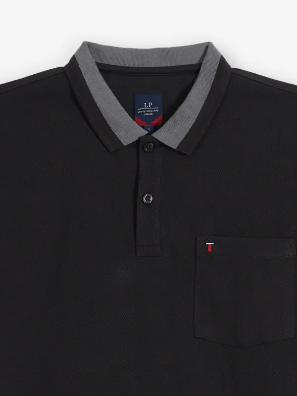 LOUIS PHILIPPE black plain cotton polo t-shirt