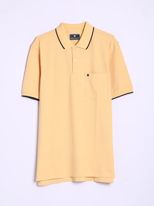 Louis Philippe light yellow cotton plain t shirt