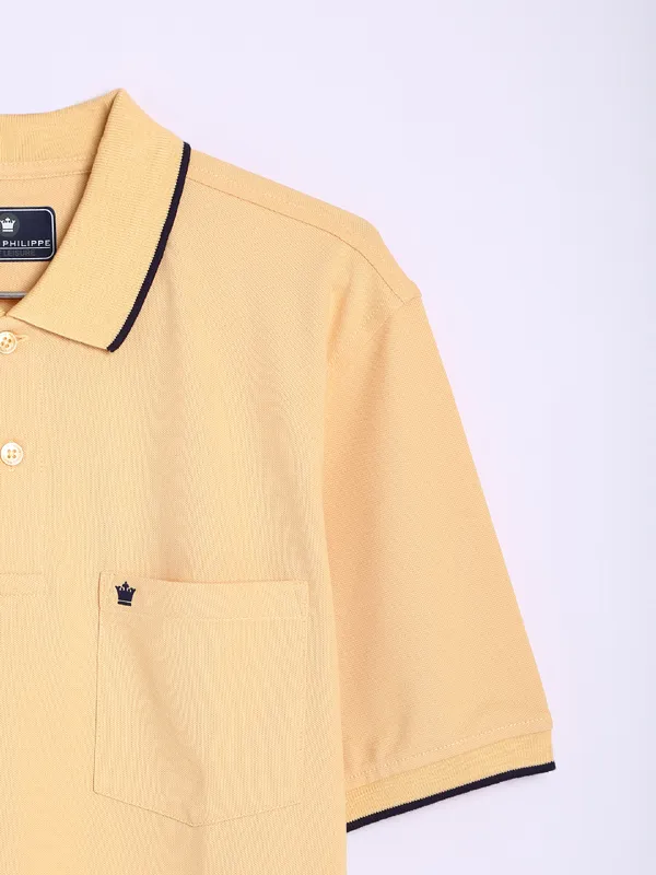 Louis Philippe light yellow cotton plain t shirt