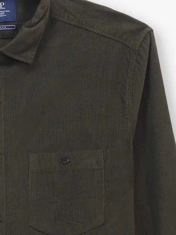 LOUIS PHILIPPE textured dark olive cotton shirt