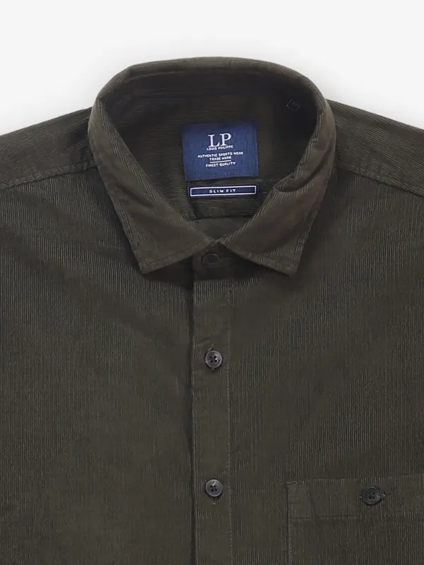 LOUIS PHILIPPE textured dark olive cotton shirt