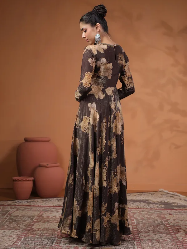 Lovely floor length brown silk printed suit