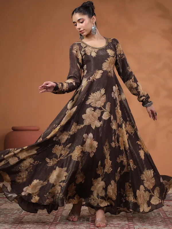 Lovely floor length brown silk printed suit