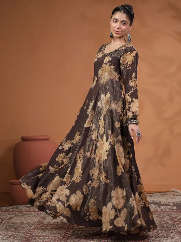 Lovely floor length brown silk printed suit