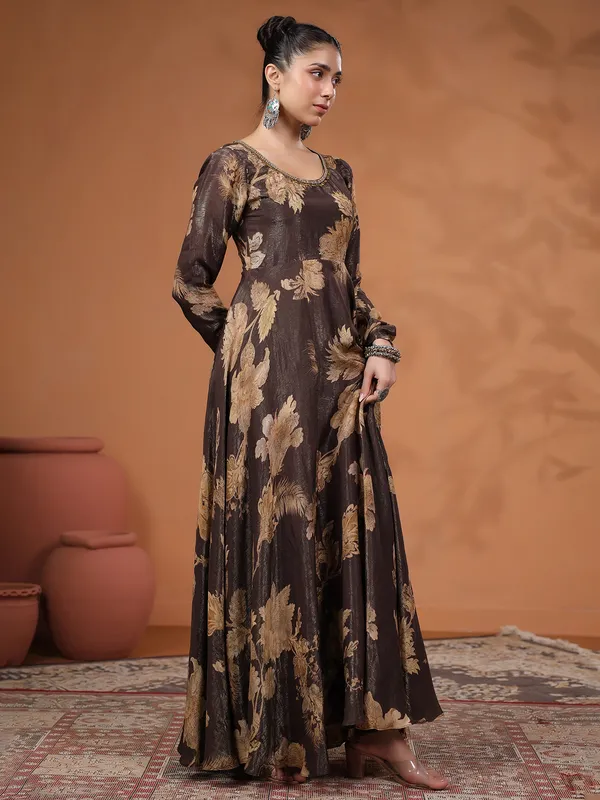 Lovely floor length brown silk printed suit