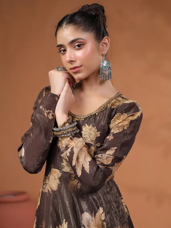 Lovely floor length brown silk printed suit