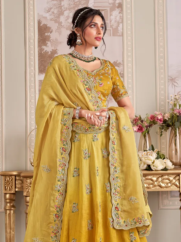 Lovely mustard hue silk unstitched lehenga choli