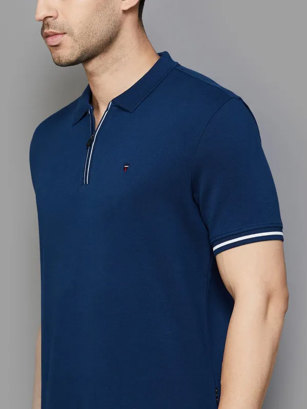 LP SPORT plain blue cotton slim fit t-shirt