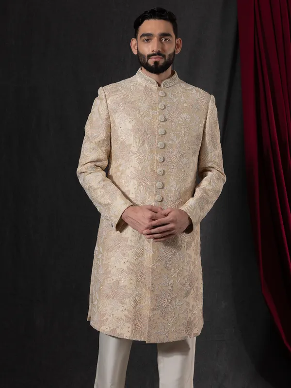 Luxurious beige wedding style indowestern for men