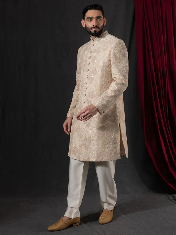 Luxurious beige wedding style indowestern for men