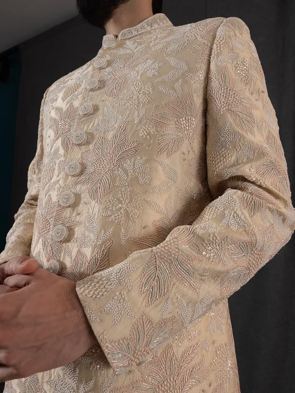 Luxurious beige wedding style indowestern for men