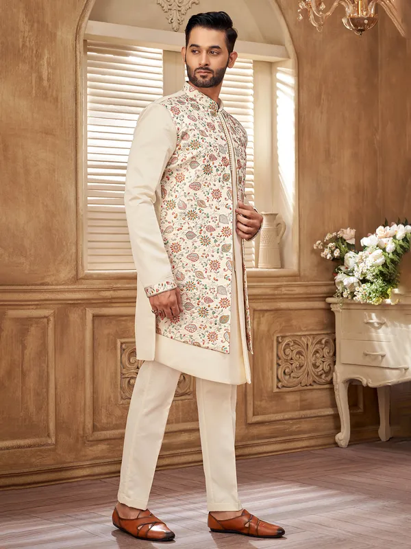 Luxurious cream silk indowestern jacket for men