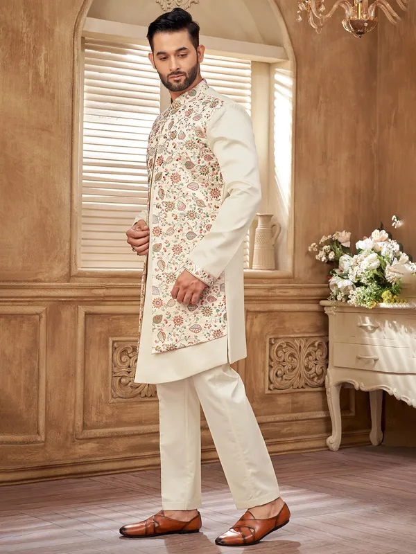 Luxurious cream silk indowestern jacket for men