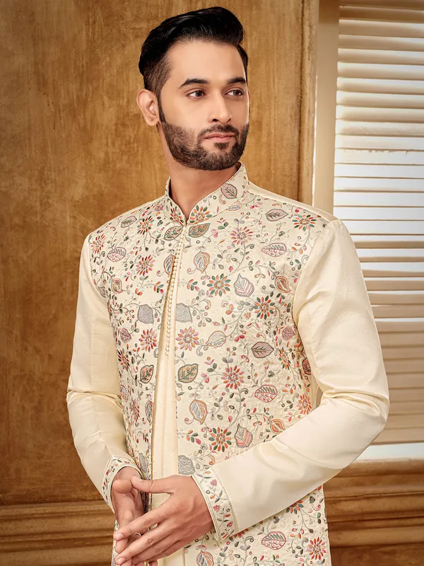Luxurious cream silk indowestern jacket for men