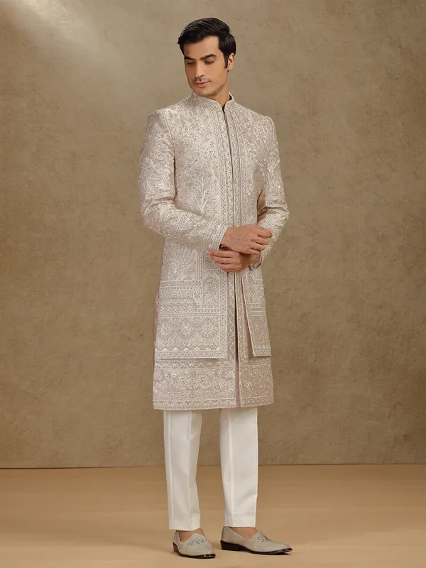 Luxurious cream silk sherwani with diamond highlights