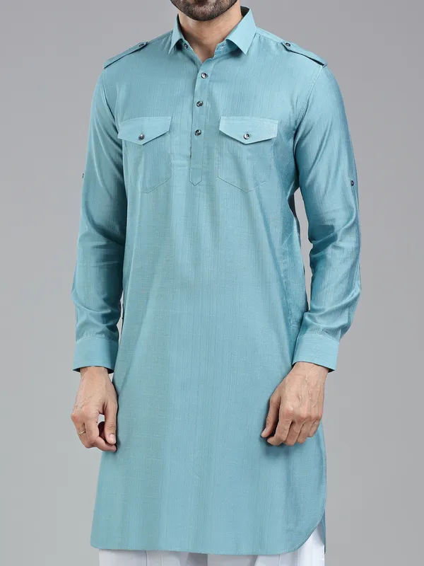 Luxurious firozi blue mens pathani kurta